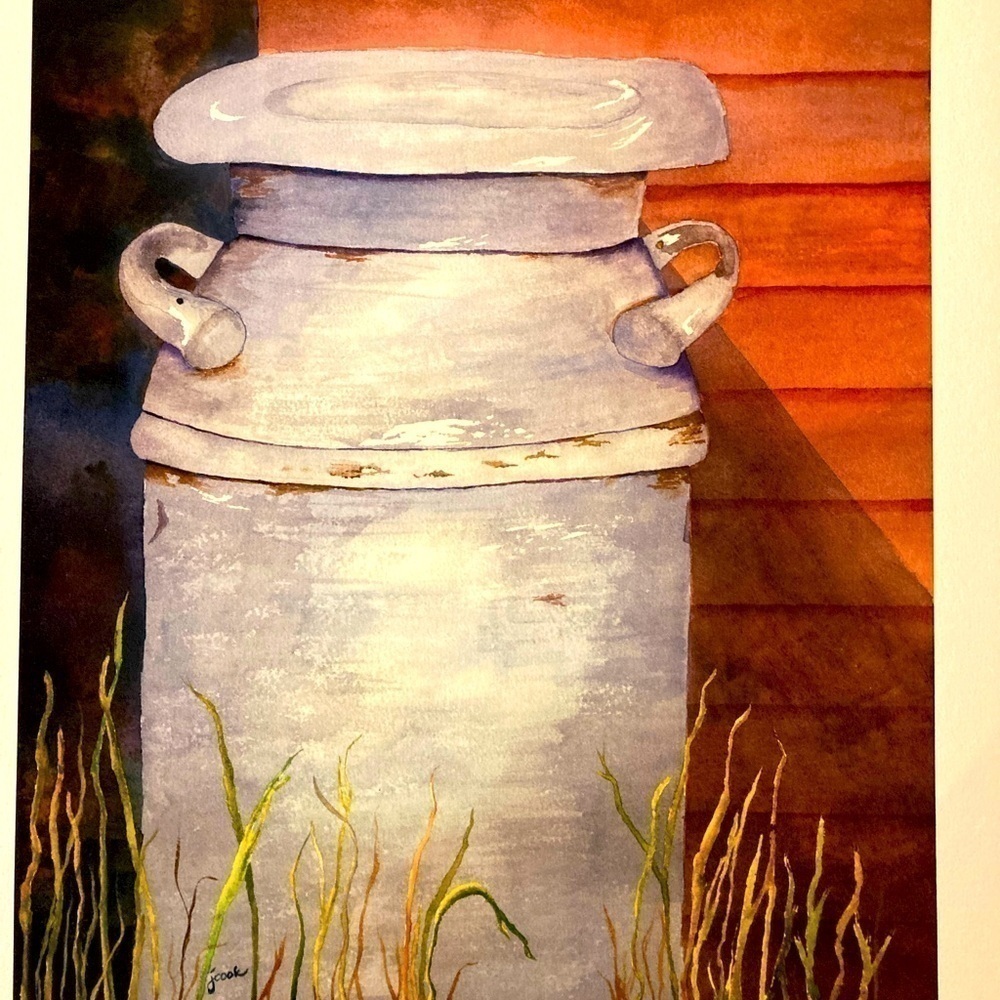 Watercolor print, ‘Memories’ old milk can art painting by Judy Cook